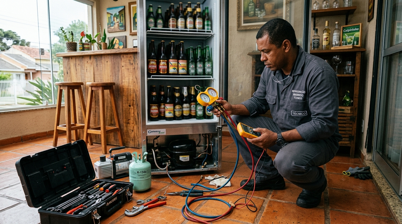 Técnico revisando o motor de uma cervejeira durante chamado em Juiz de Fora‑MG