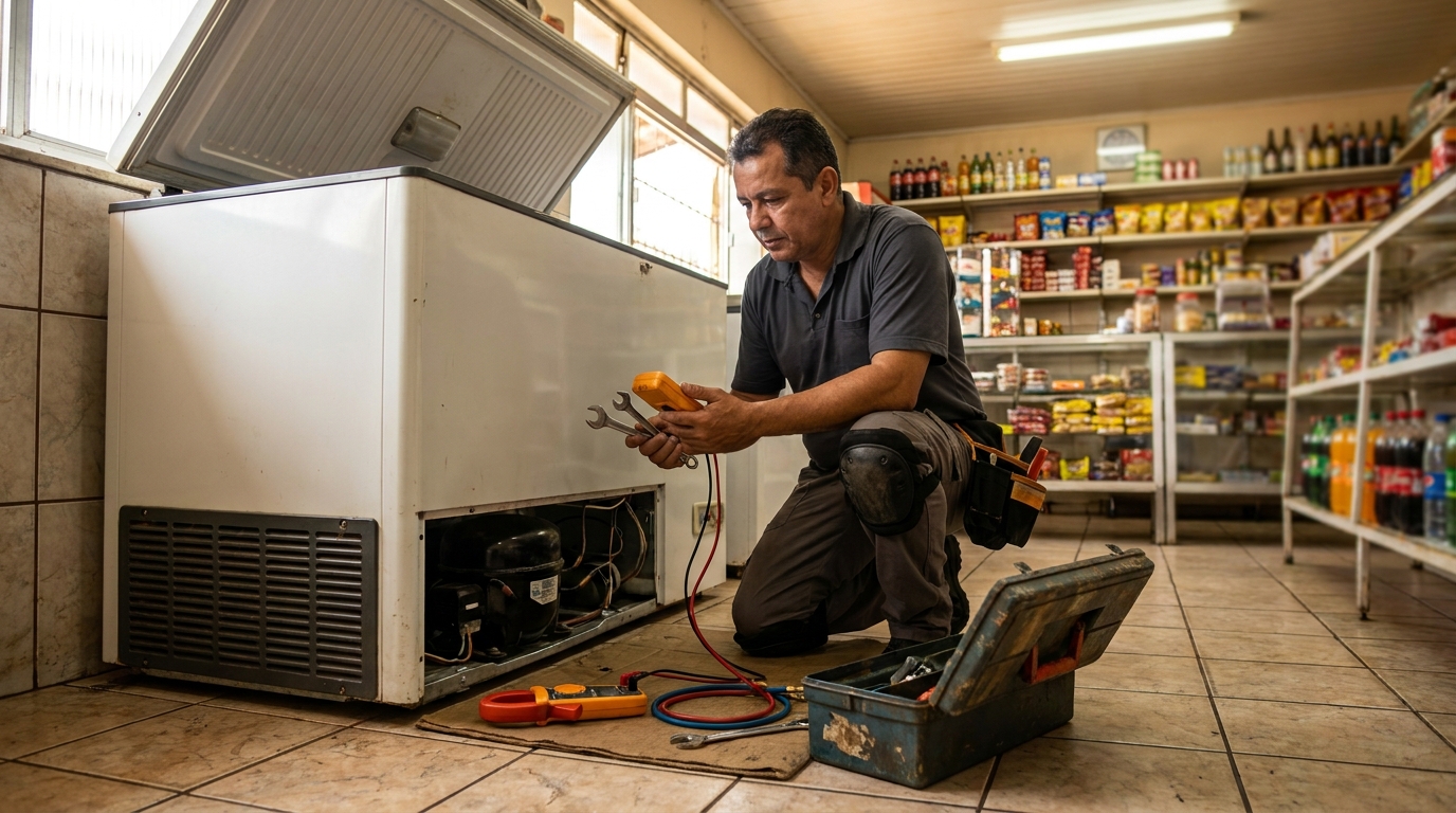 Técnico avaliando um freezer vertical durante atendimento em Juiz de Fora‑MG