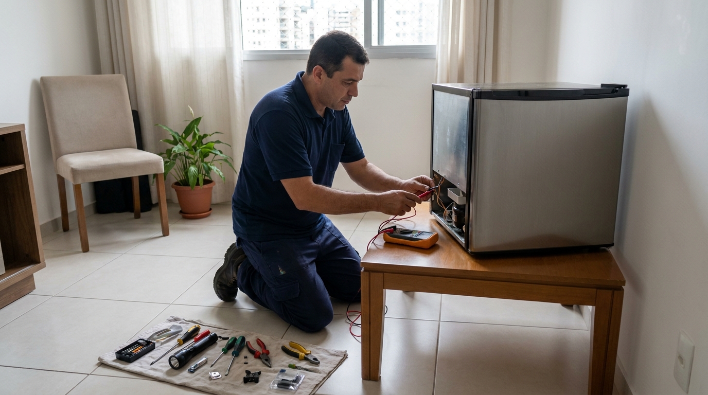 Técnico avaliando um frigobar compacto durante atendimento em Juiz de Fora‑MG